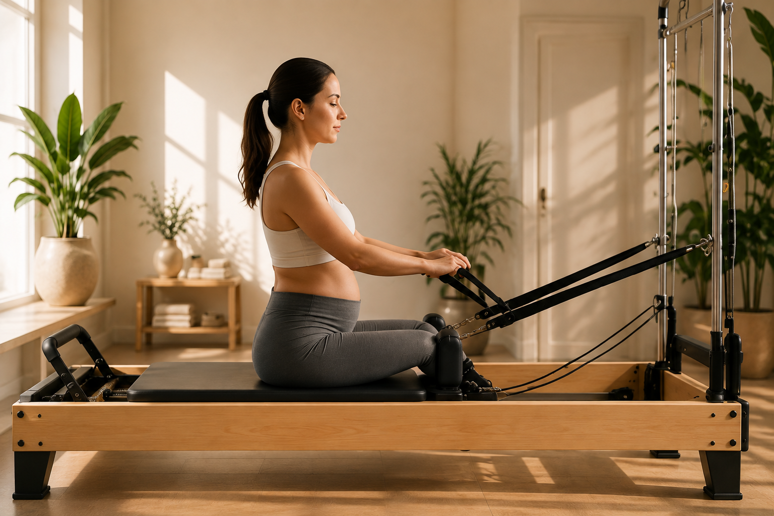 Persona embarazada realizando Pilates con máquinas de forma supervisada